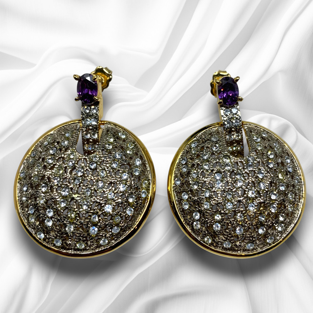 NEW Nadri Gold-Tone CZ Pavé Disc Drop Earrings Purple Statement Doorknocker
